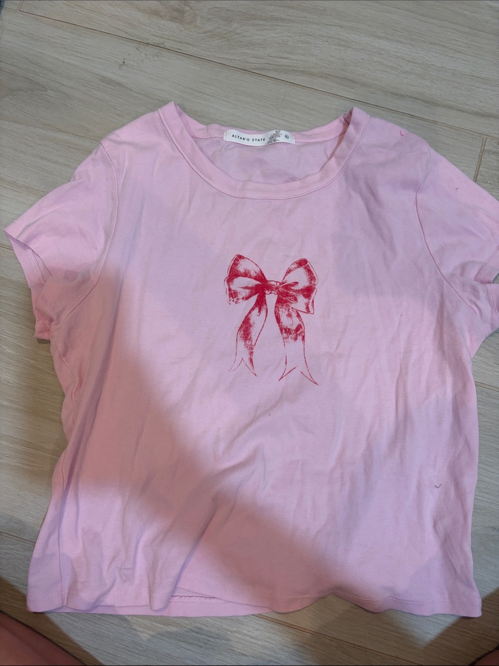 Altar'd State Light Pink Tee with Red Bow Graphic